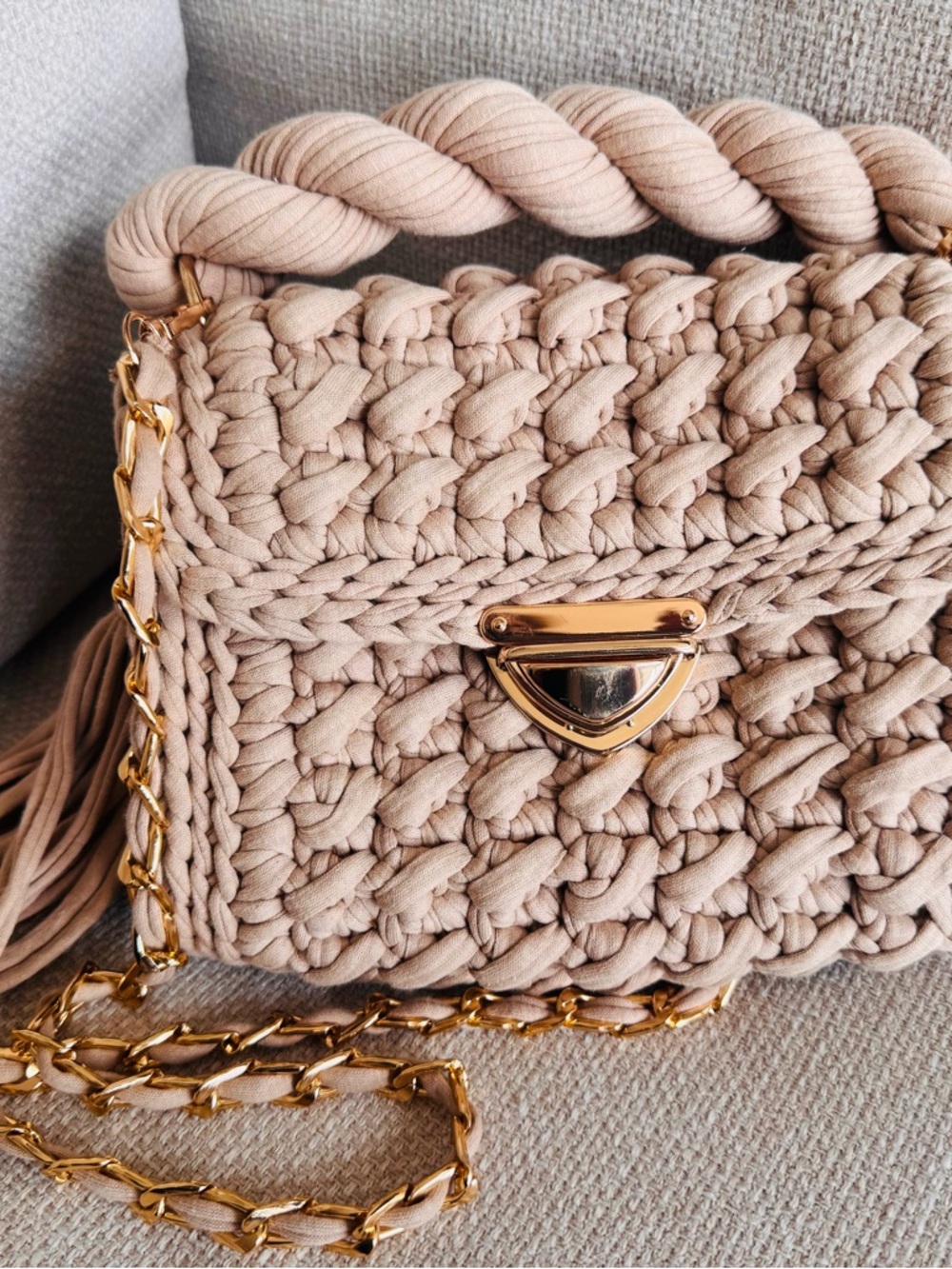 Beige Woven Chain-Accent Shoulder Bag
